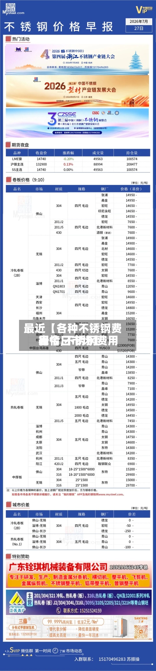 最近【各种不锈钢费用行情,不锈钢费用表今日市场】